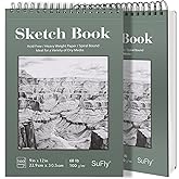 SuFly 9"x12" Drawing Paper, Pack of 2, 100 Sheets Each, Top Spiral Sketch Pad, 68lb/100gsm, White.