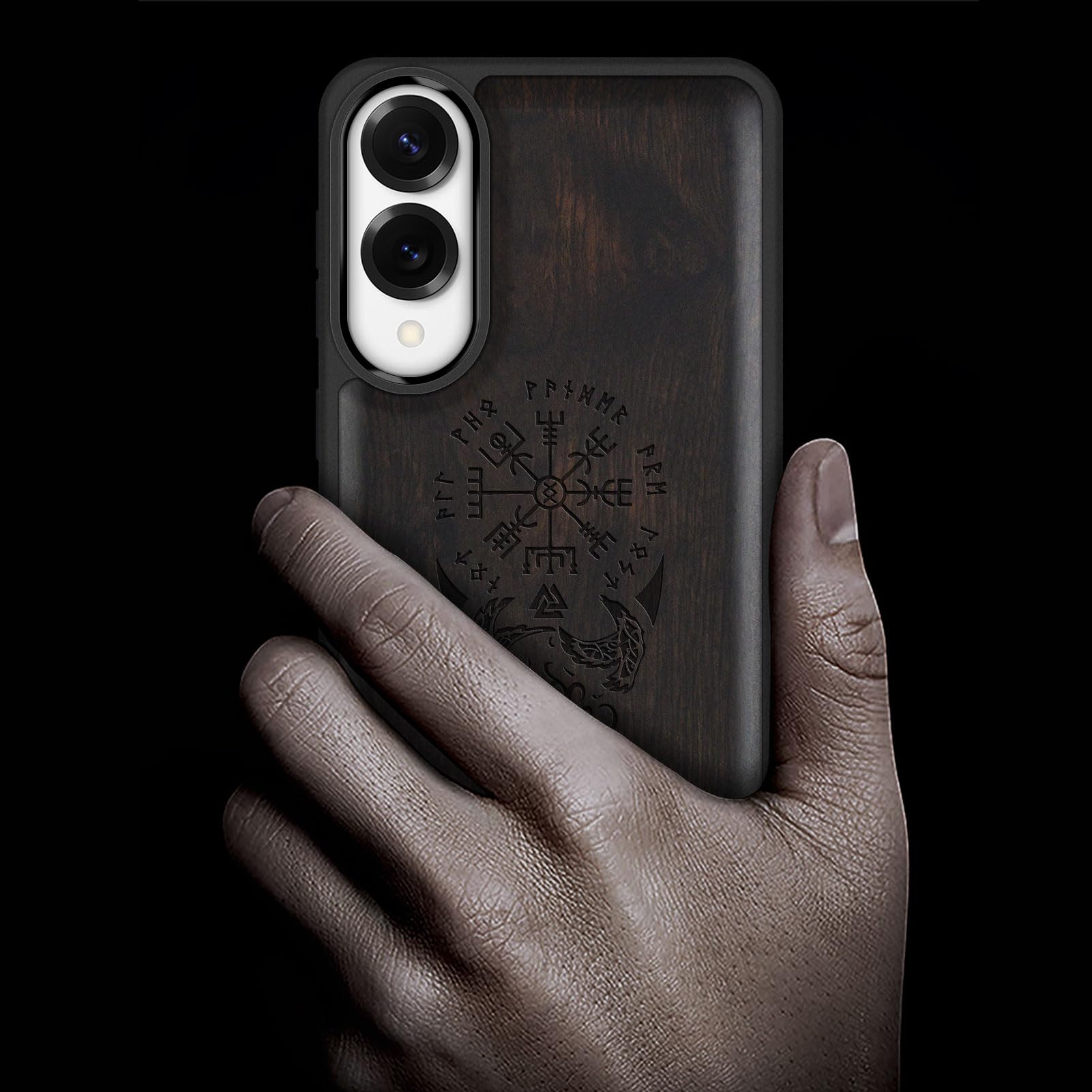 Carveit Holz Cover für Samsung S25 Edge hülle, Handyhülle kompatibel MagSafe Silikon Stoßfeste Case, Magnetisch Hull für Galaxy S25 Edge Handyhulle（Dunklesholz-Wikingerkompass Vegvisir） 2