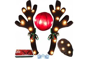 GLACBIUG Christmas Car Reindeer Antlers & Nose Tail Kit with Jingle Bells, 2025 Cute Rudolph Car Costume for SUV, Van, Truck - Warm Lights Auto Holiday Decor