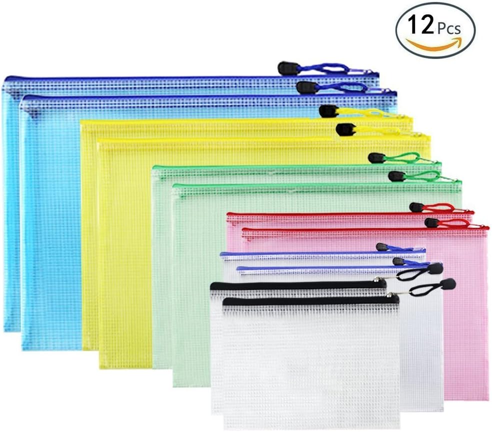 APLANET 12pcs 6-sized Zipper Folder Mesh Document Pouches Storage Zipper Bag (6 Colors), Office Supplies, Travel Storage Bags
