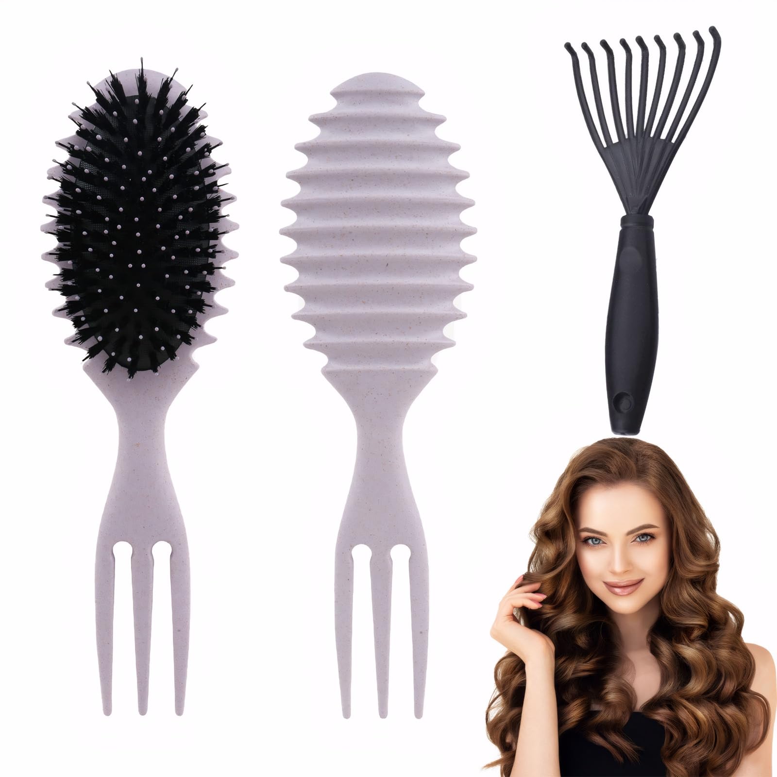 Curl Defining Brush, Boar Bristle Hair Brush, 3 Forks Hair Styling Brush for Detangling, Shaping and Defining Curls, Suitable for Women Men(Purple)