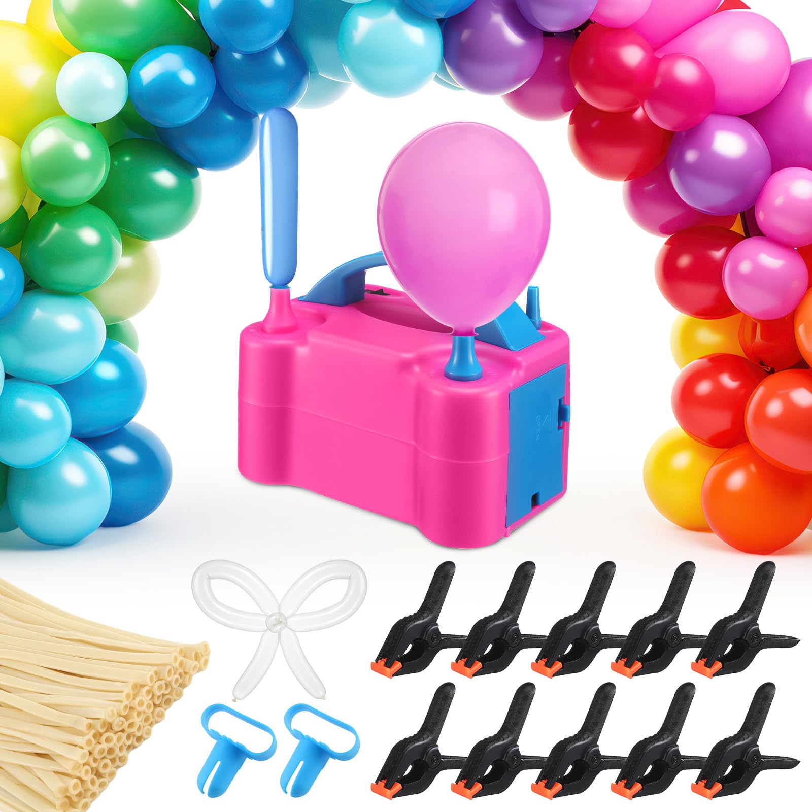 Photo 1 of Patelai Electric Balloon Pump with 100 Clear Long 260 Balloons for Tying Arch 10 Balloon Arch Clips Portable Dual Nozzle Air Pump Blower with Tying Tool for Birthday Wedding Baby Shower Party Supplies