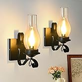TIGKHAE Rustic Wall Sconces Sets of 2, Black Hardwired Farmhouse Wall Sconce Indoor, Retro Wall Lamps with Amber Glass, Vinta