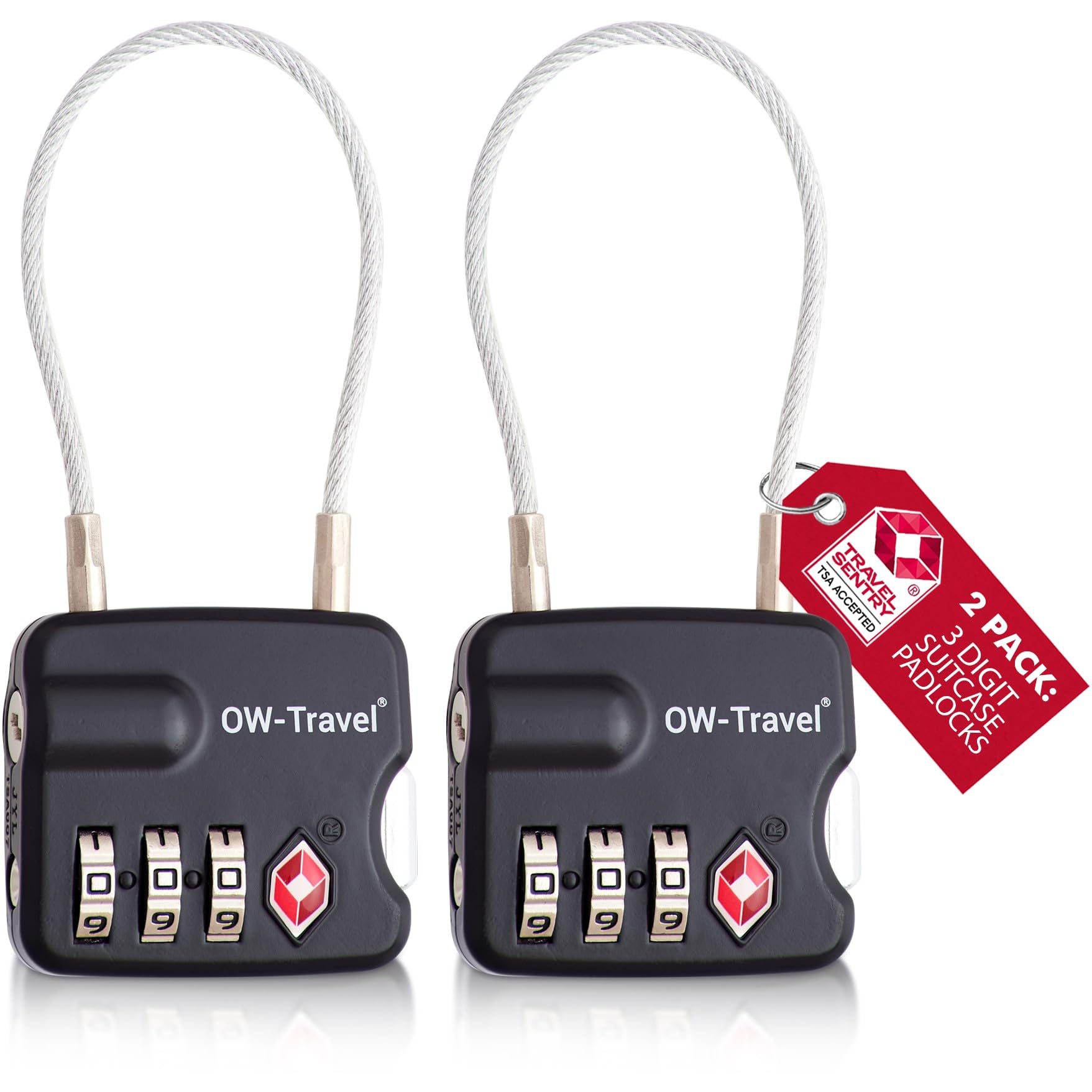 OW-Travel TSA Approved Luggage Locks Suitcase Locks (2 Pack Black) 3 Digit Flexible Cable Suitcase Padlock. Travel Bag Combination Luggage Padlocks for Suitcases. TSA Travel Lock for Bags and Cases
