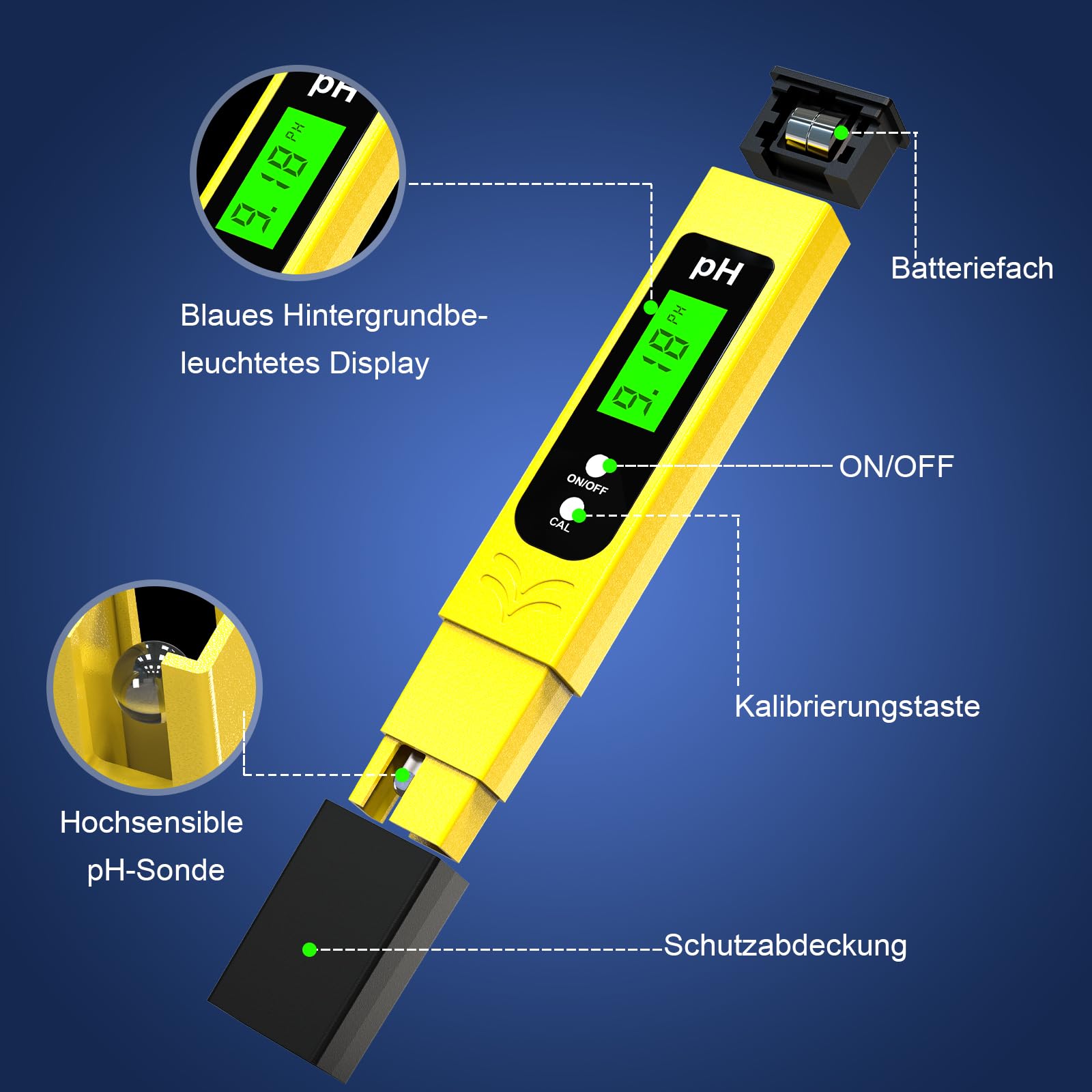 Keero pH Messgerät Hochpräzision (± 0.01), Water Tester, pH Wert Messgerät Pool mit Blau Hinterleuchtetem LCD-Display & Automatischer Temperaturkompensation,für Trinkwasser/Poolwasseranalyse-Gelb 6