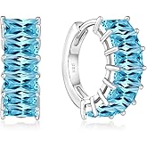 YIFSIY Gemstone Huggie Hoop Earrings, 925 Sterling Silver Baguette Hoop Earring Birthstone Jewelry Gift for Women