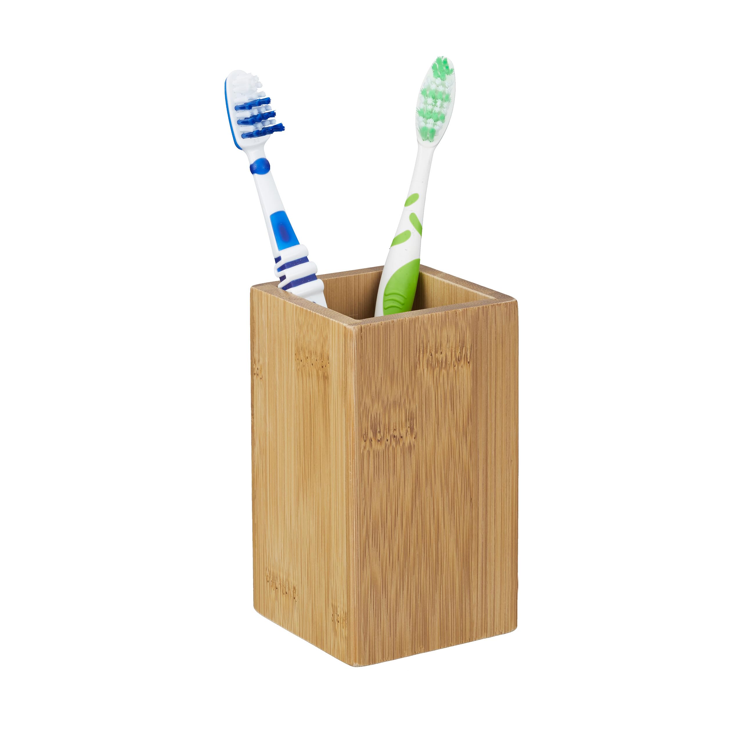 Relaxdays Bamboo Square Toothbrush Holder, Natural Design, Size: 11.5 x 6.5 x 6.5 cm, Natural, Brown