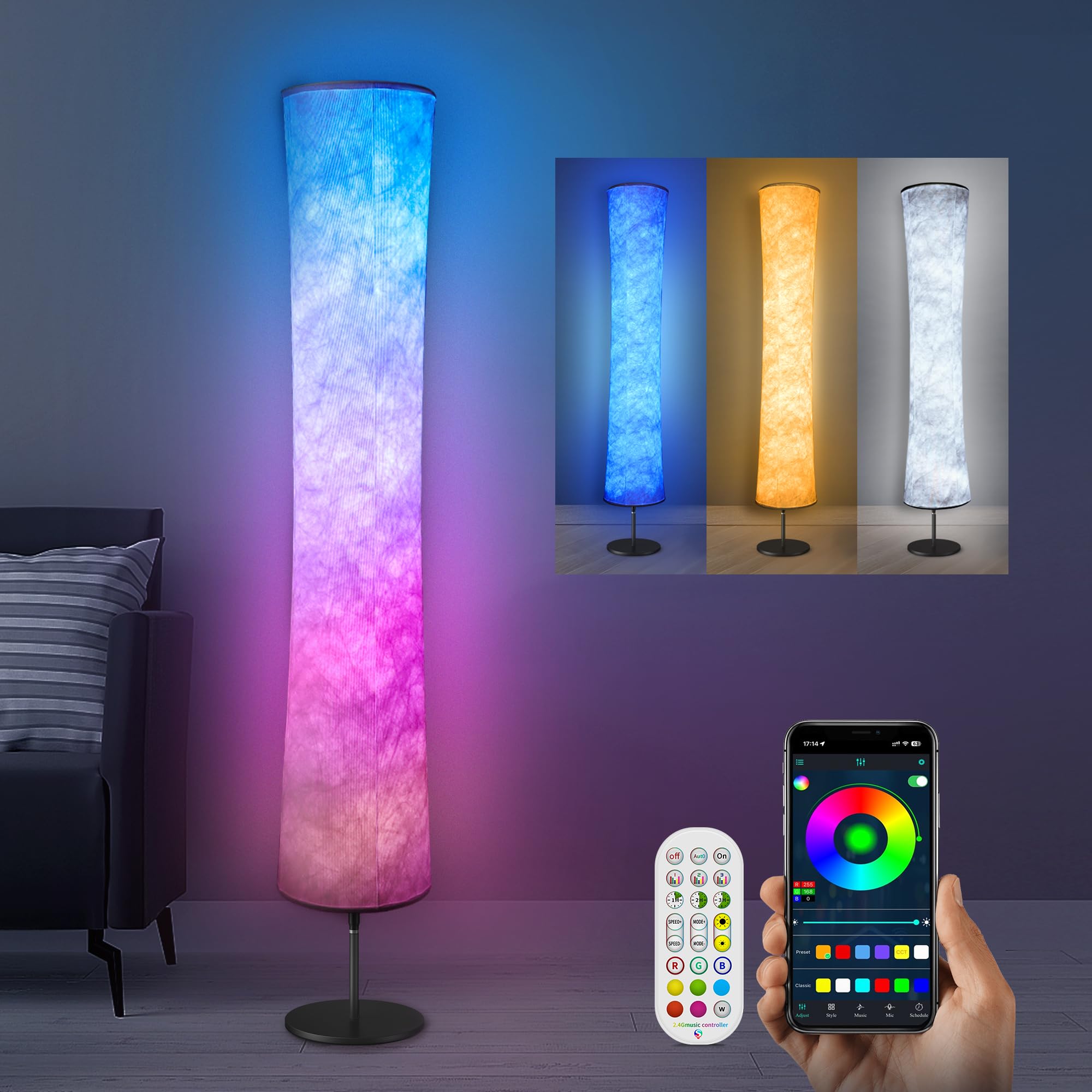 Photo 1 of Torchlet Floor Lamp, RGB Floor Lamp with 16 Million DIY Colors and Scene Modes, Music Sync and White Fabric Shade with App/Remote Control, Standing Lamp for Living/Game Room Bedroom