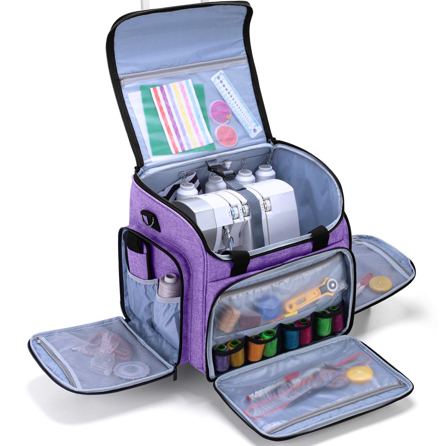 LUXJA Serger Case with Detachable Trolley Dolly, Bag with Removable Padding Pad (Fit for Most Standard Machines), Purple