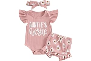 NZNDSHD Aunties Bestie Baby Clothes Girl Newborn Infant Girls Summer Outfit Short Sleeve Romper Daisy Short Headband Set