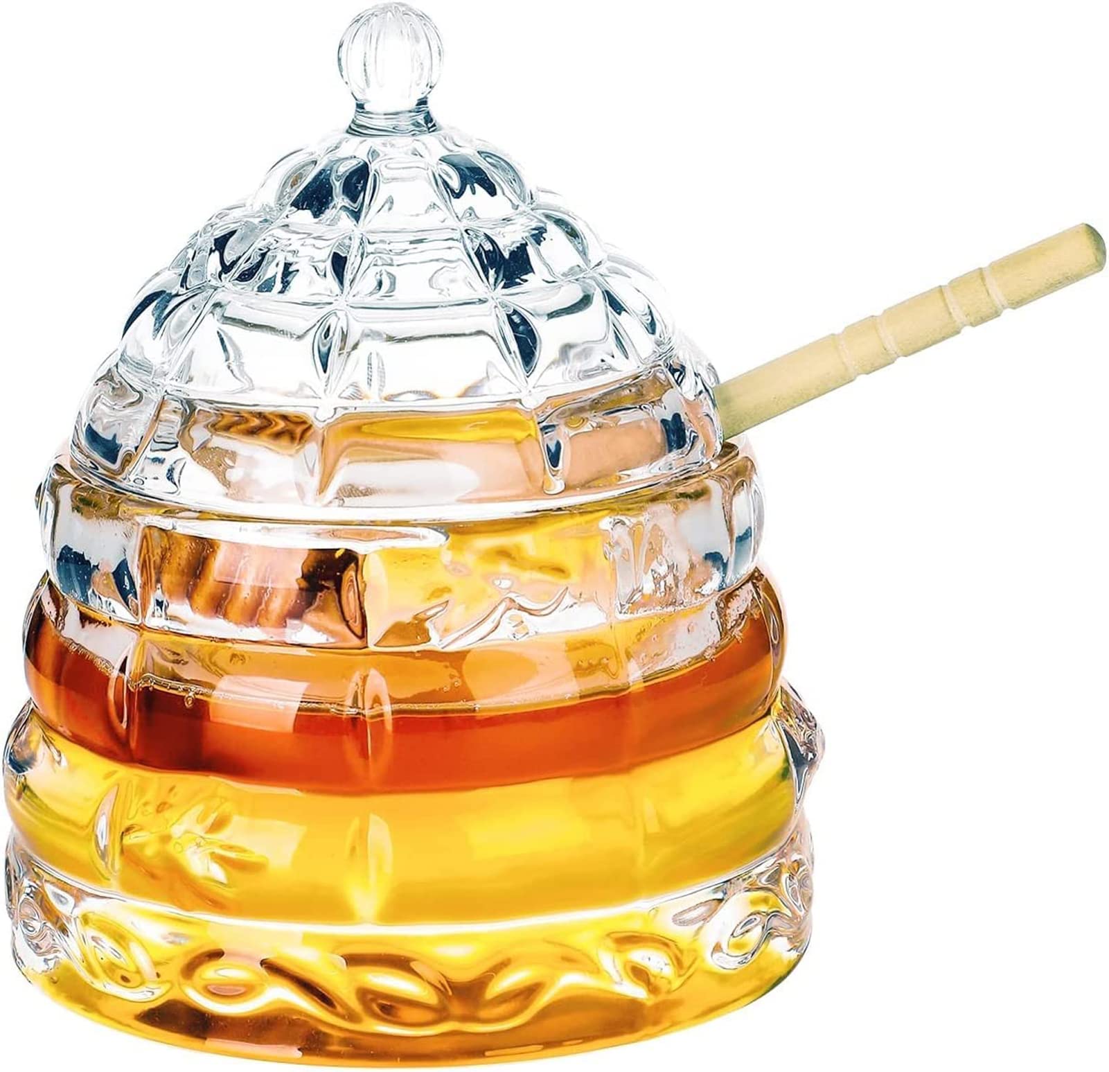 KKGUD Crystal Clear Glass Honey Jar with Dipper and Lid, 11oz Bee-hive Honey Pot for Counter or Table Decor