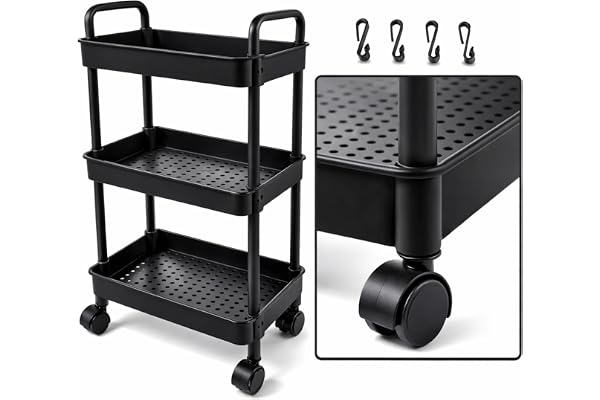 Carrinho Organizador Multiuso 3 Andares | Rodinhas 360°, Ganchos Laterais, Fácil de Montar, Ideal para Cozinha, Banheiro, Lav