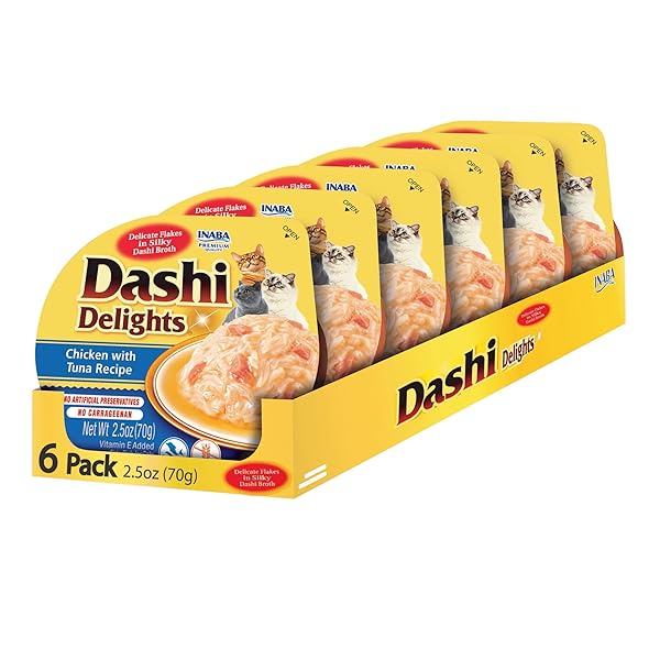 INABA DASHI DELIGHTS FOR CATS, SHREDDED CHICKEN SIDE DISH WITH BONITO FLAKE BROTH, CAT FOOD COMPLEMENT WITH TAURINE & GREEN TEA EXTRACT, 2.5 OUNCE CUP, 6 CUPS TOTAL, CHICKEN WITH TUNA RECIPE
