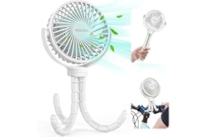 MIKIKIN Portable Stroller Fan, Small Battery Powered Fan with Flexible Tripod Clip-on for Baby, USB Rechargeable Mini Handheld Desk Fan for Travel, Camping, Treadmill, Car Seat, Crib, Bike, Bedroom (White)
