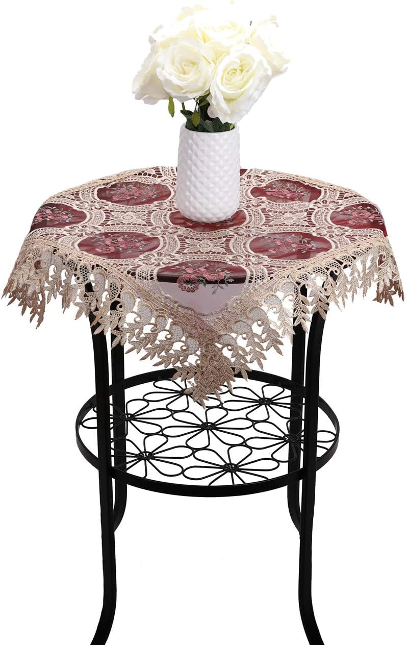 Newisher Vintage Burgundy Lace Embroidered Floral Small Square Tablecloth Table Place Mats Doilies 23 x 23 Inch, Set of 2