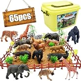 65PCS Safari Jungle Animals Figures Toy with Building Blocks for Kids 3-8 | Realistic African Wild Animals with Fence &amp; Storage Box, Zoo Learning Toys Christmas Birthday Gift for Boys Girls