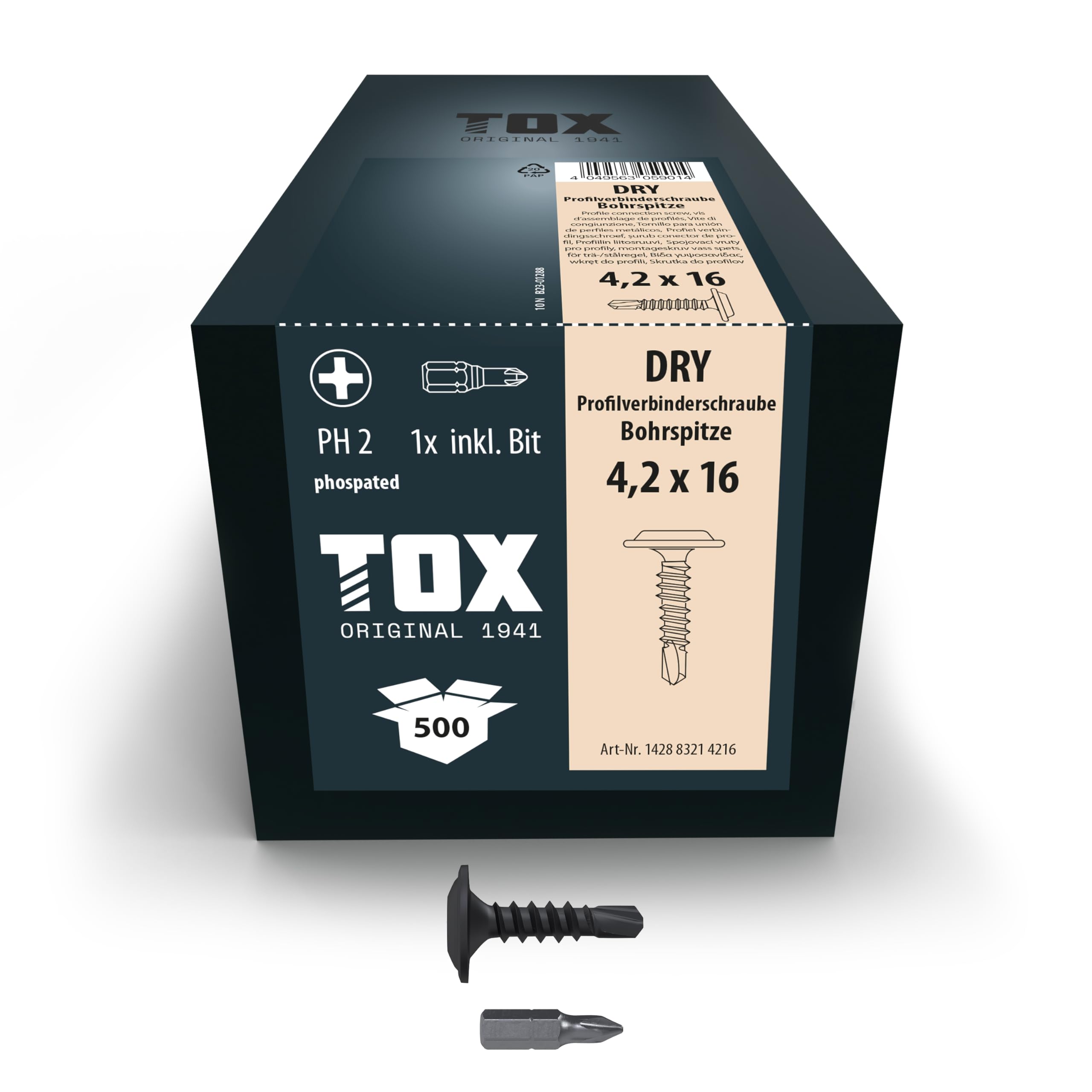 TOX DRY PV BS 142883214216 Profile Connector Screws 4.2 x 16 mm Black Phosphated Screws Flat Head Drill Tip + Fine Thread for Connecting CW Profiles PH2 Pack of 500 with 1x Bit