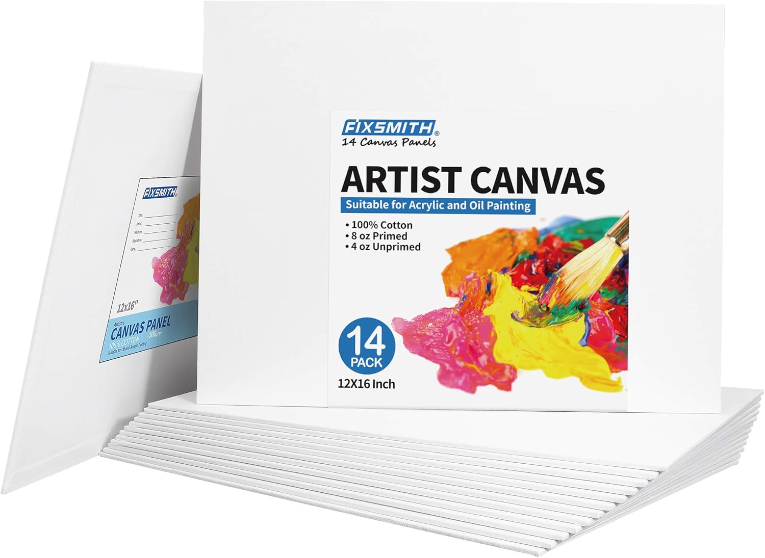 FIXSMITH Canvas Panels 14 Pack - 12 x 16 Inch Painting Canvas Panel Boards - 100% Cotton Primed Canvases - Super Value Pack - Artist Canvas Board for Acrylic, Oil & Tempera Painting