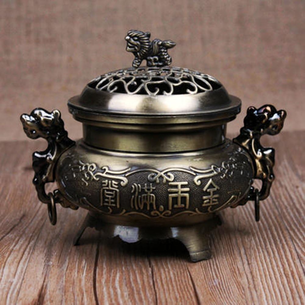 Accreate Retro Style Alloy Incense Burner Double Dragon Hollow Cover Censer Cone Holder Home Decor (Bronze Color)