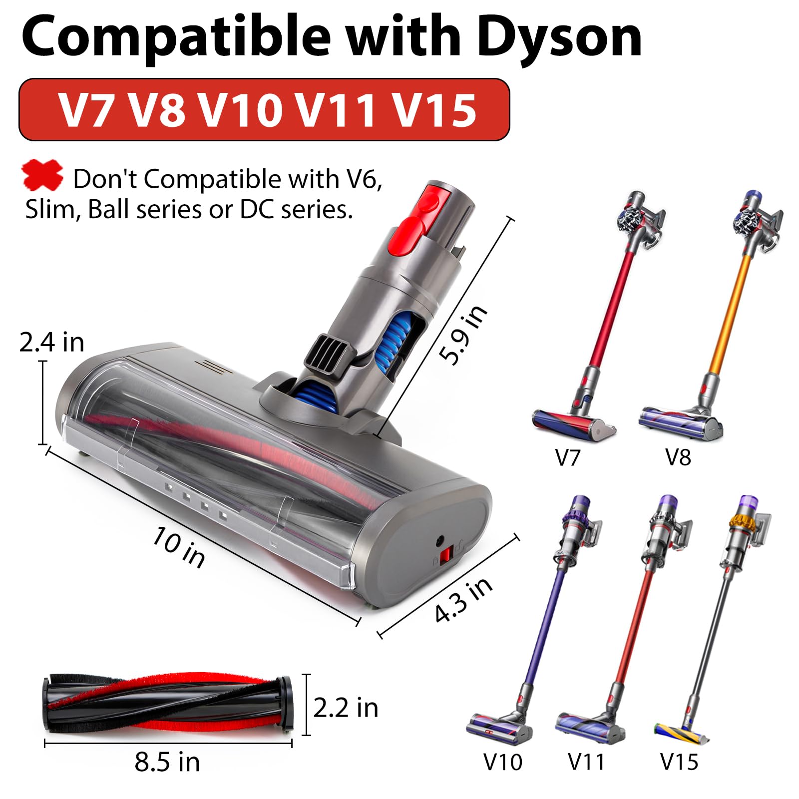 ELVANO Cleaner Head Bristle Roller Brush: Motorhead Compatible with Dyson V7 V8 V10 V11 V15 Cordless Vacuum Attachment with Dust LED Lights - Direct Drive Replacement Parts for Carpet