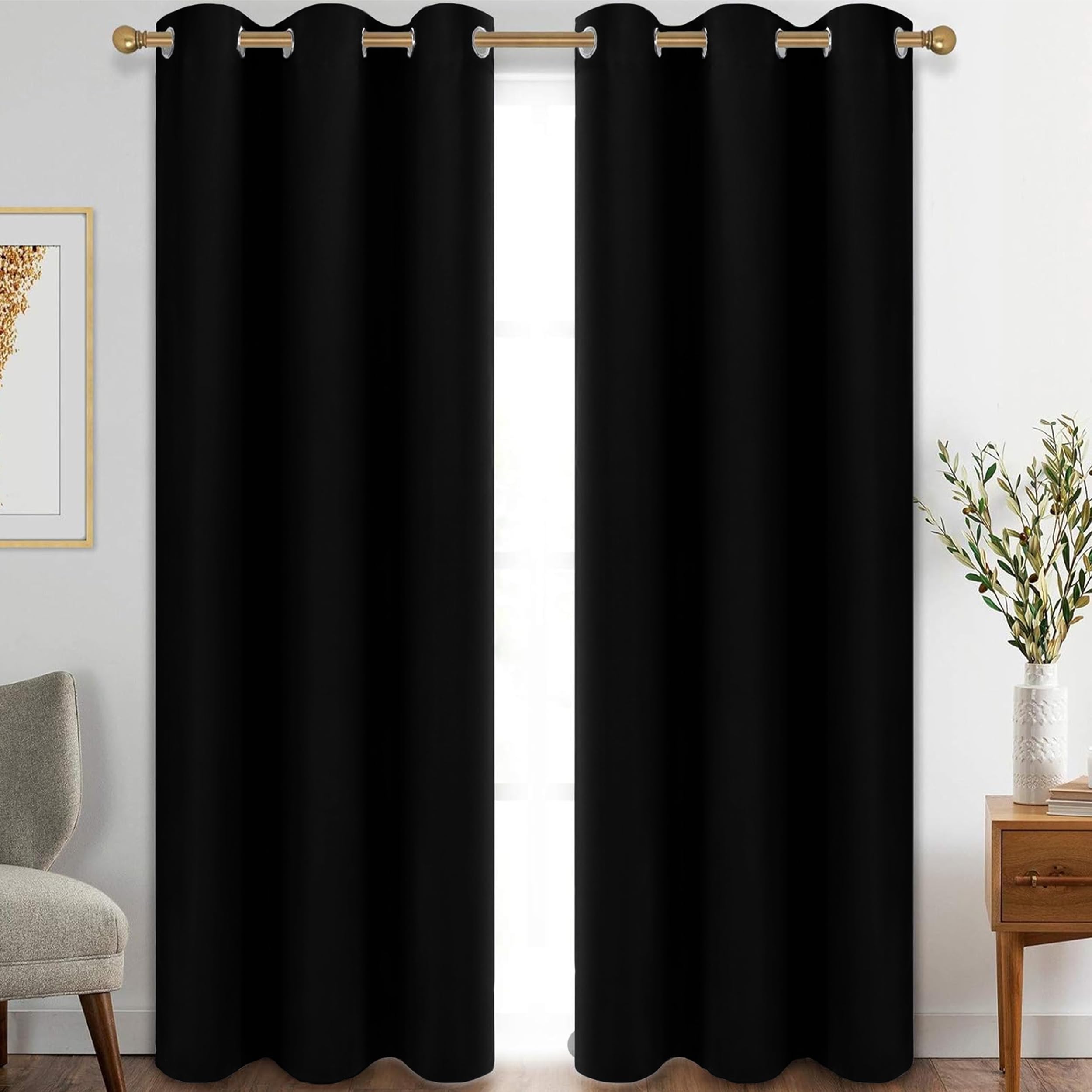 My home store Black Blackout Curtains for Bedroom Super Soft Solid Thermal Insulated Eyelet Blackout Curtains for Living Room, W 66" x L 72" (2 Panels)