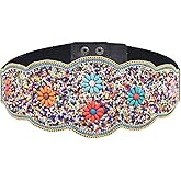 idealway Bohemian Women Belts Wide Beaded Flower Elastic Waist Cinch Belt Handmade Stretchy Vintage Waist Belt
