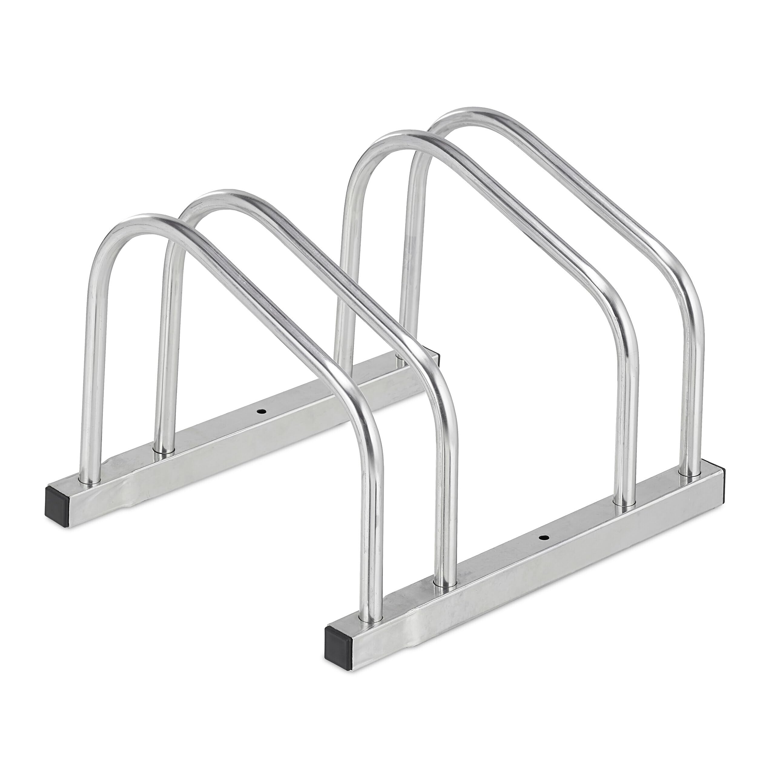 Relaxdays Floor Bike Rack, for 2 Bicycles, Wheel Width up to 50 mm, Metal, Outdoor Parking Stand, Garage, Steel, Silver