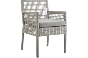 Modway Aura Wicker Rattan Outdoor Patio Dining Arm Chair with Cushion in Gray Gray