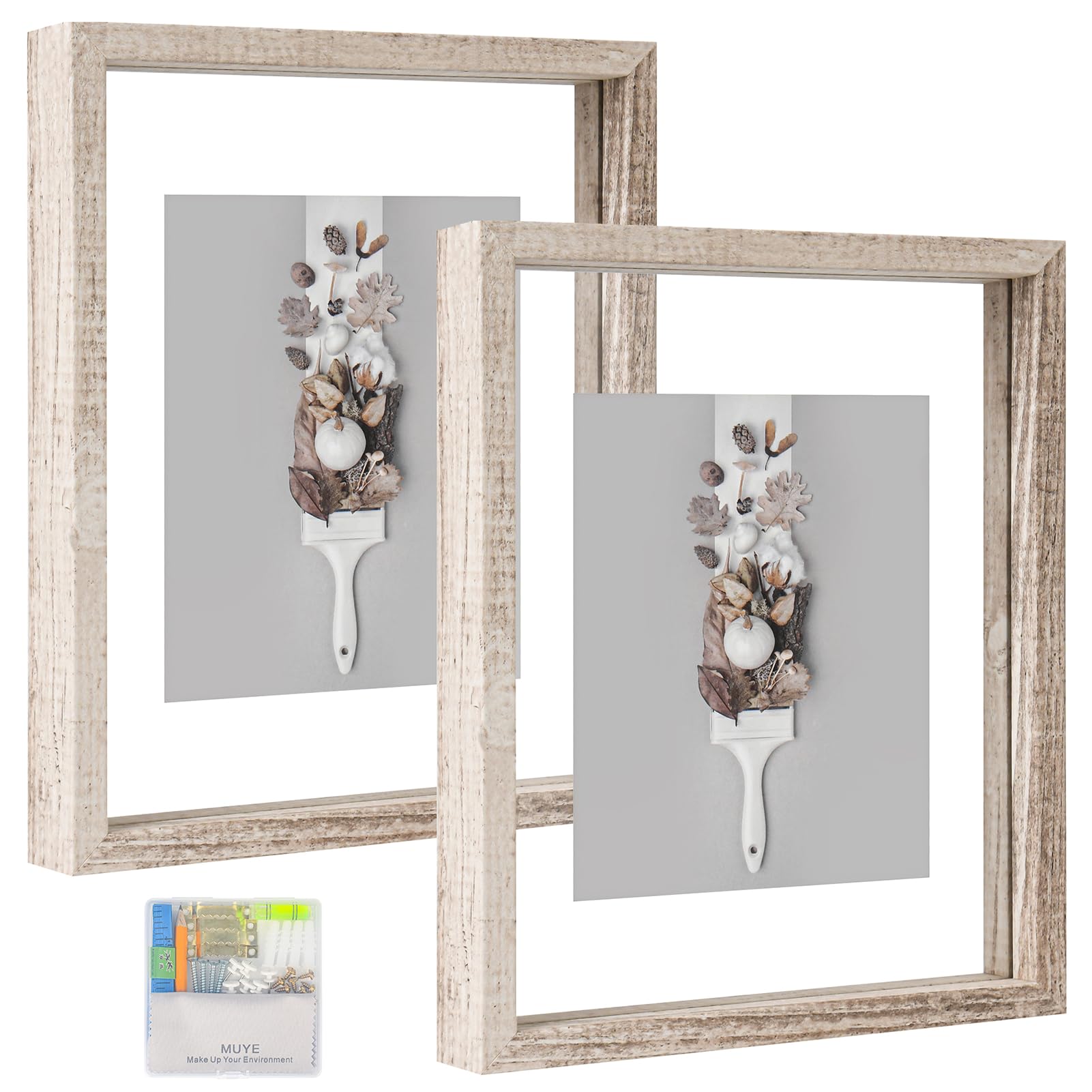 Photo 1 of MUYE 8x10 Floating Frame Distressed Beige White Wood Pattern,Double Glass Picture Frame Set of 2 Display Any Size Photo up to 8x10,Wall Mount or Tabletop Stand