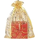 SUNGULF 100pcs Organza Pouch Bag Drawstring 6"x8" Strong Gift Candy Bag Jewelry Party Wedding Favor (Gold flower vine Print)