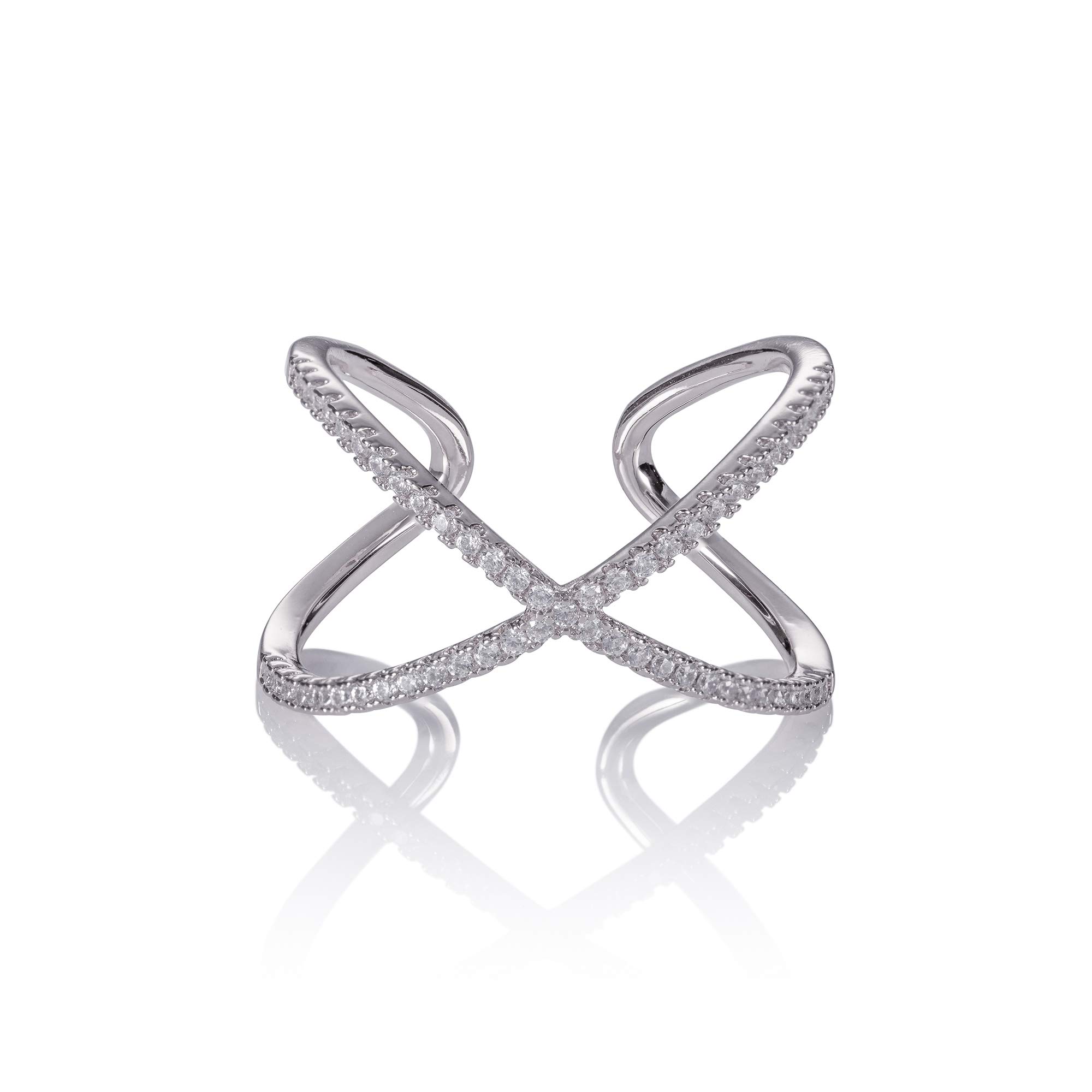 namana Cross Silver Rings for Women. Adjustable Rings for Women Set with Cubic Zirconia Stones. Statement Rings with a Delicate Stones set on a Crossover Design. Large Silver Ring for Women