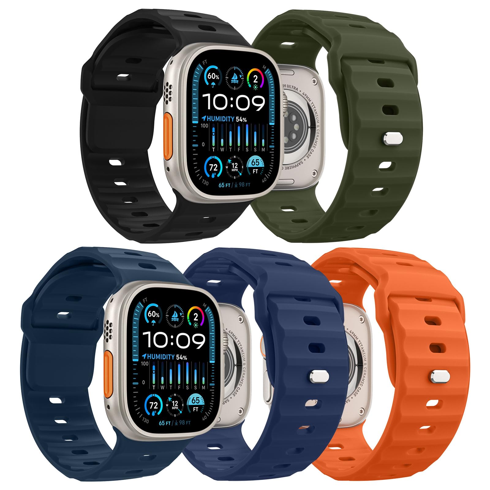 MoKo 5Pack Ocean Band Compatible with Apple Watch Ultra 3/2/1 49mm,S11/S10 46mm,9/8/7 45mm,SE3/SE2/SE/6/5/4 44mm,3/2/1 42mm,Silicone Replacement Strap Wrist Band for Men Women,ColrB