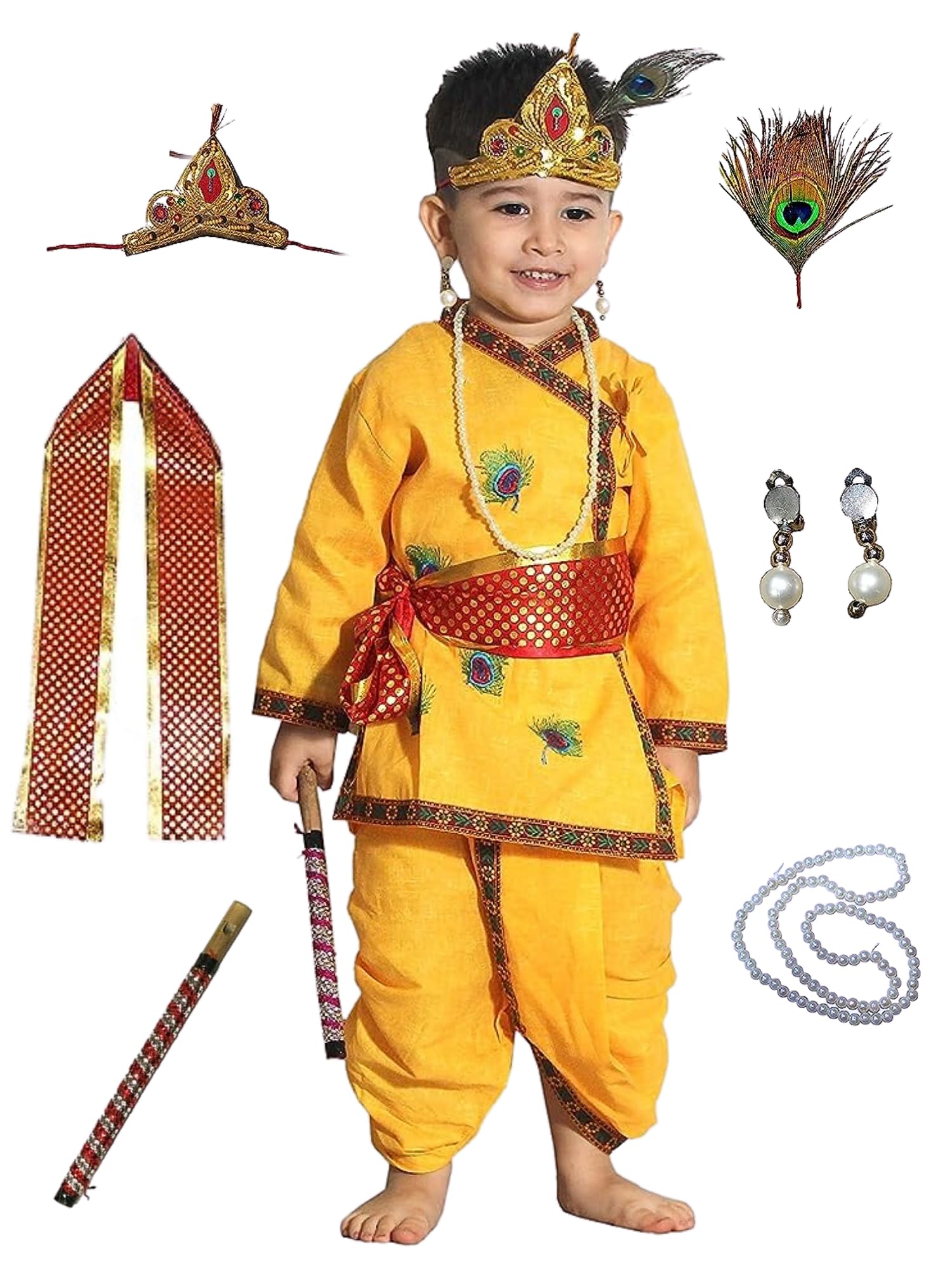 Photo 1 of Kaku Fancy Dresses Cotton Krishna Costume For Kids, Kids Krishna Dress For Janmashtami/Kanha/Krishnaleela/Mythological Character Krishna Fancy Dress Costume For Boys/Girls, Yellow (2-3 Years)