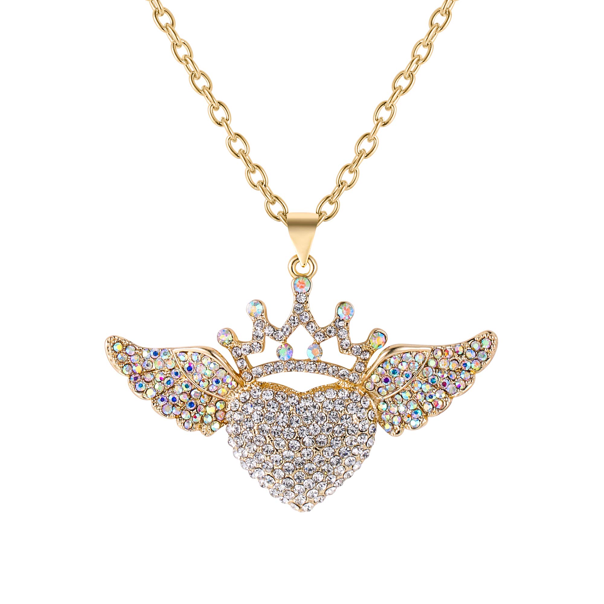 Ever Faith Women's Crystal inYou are My Queenin Crown Love Heart Pendant Necklace Iridescent Clear AB Gold-Tone