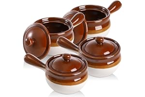 Okllen 4 Pack French Onion Soup Bowls with Handles and Lid, 15 Oz Ceramic Soup, Oven Safe Serving Bowls for Cereal, Chili, Be