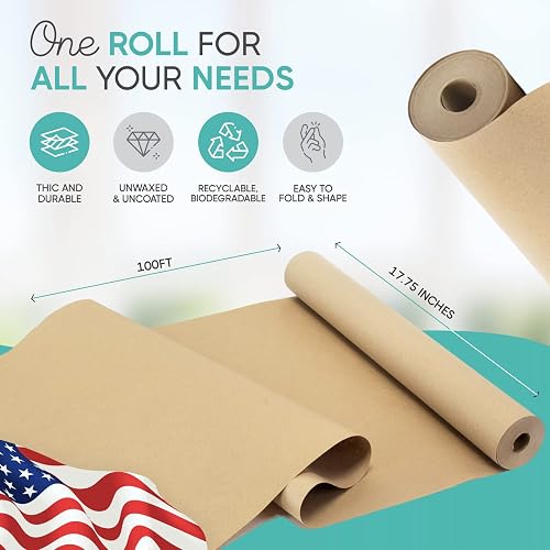 Paclord 18" X 100 Ft Yellow Kraft Paper Roll - 45 Lb Thickness, Made In USA, For Crafts, Wrapping & Moving