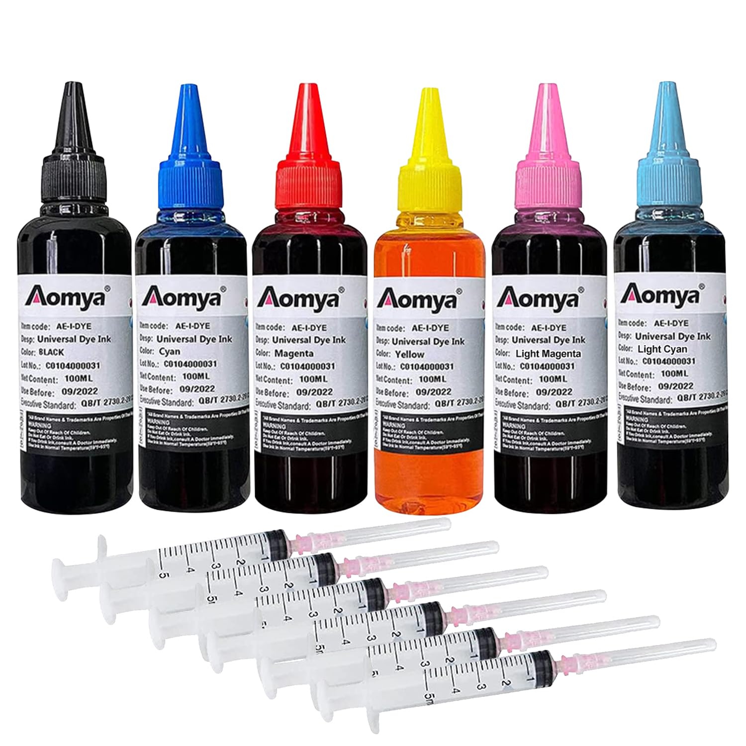 Aomya 600ml Universal Dye Ink Refill Kit for HP Canon Epsn Brother Lexmark Printers Compatible Cartridges Refillable Cartridge CISS CIS System 6 Color Set with 4 Free Syringes (BK, C, M, Y, LM, LC)