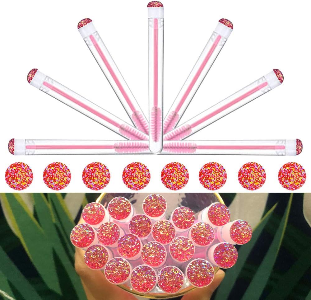 Dming 50 Pieces Disposable Mascara Brushes Eyelash Brush Lash Wand Diamond Mascara Wands with Tube Makeup Tool Lash Spoolies Sanitary Brushes Lash Extension Supplies (tube star d pink 50)