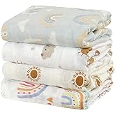 CoolaPeach 4 Set Muslin Swaddle Blankets for Newborn Baby Boys, Girls,Receiving Blankets-Cute Soft Print Baby Towel Wrap 120x110cm Baby(Rainbow)
