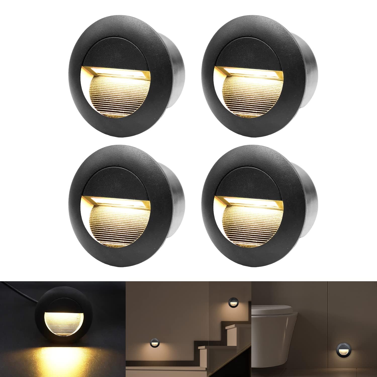 FWoche 3W Wall Recessed Lamp Stair Lights Warm White, Round Staircase Light, LED Step Night, Aluminium Waterproof Wall Lighting Indoor/Outdoor, Garden Lighting Deck Balcony Black, 4pcs — image 1