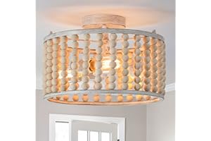 tewei Wood Beaded Boho Chandelier Light Fixture, Semi Flush Mount Ceiling Light 3-Light Rustic Nursery Close to Ceiling Lights for Bedroom Kitchen, Living Room, Oak White, E26 Base