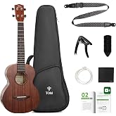 TOM 26 Inch Solid Mahogany Tenor Ukulele Beginner Kit | Solid mahogany top, low action for easy play, D'Addario strings, full kit with gig bag, strap, capo and picks