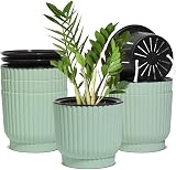 T4U 15cm Self Watering Plant Pots Indoor 6 Pack Green Plastic Flower Pots