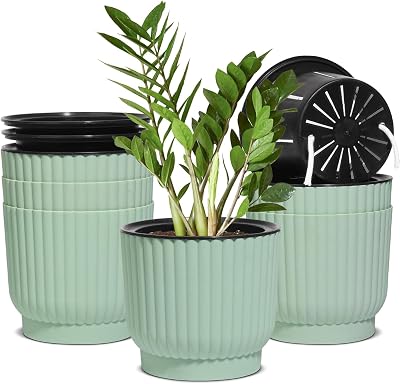 T4U 15cm Self Watering Plant Pots Indoor 6 Pack Green Plastic Flower Pots