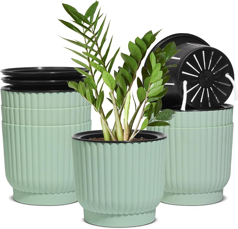 T4U 15cm Self Watering Plant Pots Indoor 6 Pack Green Plastic Flower Pots
