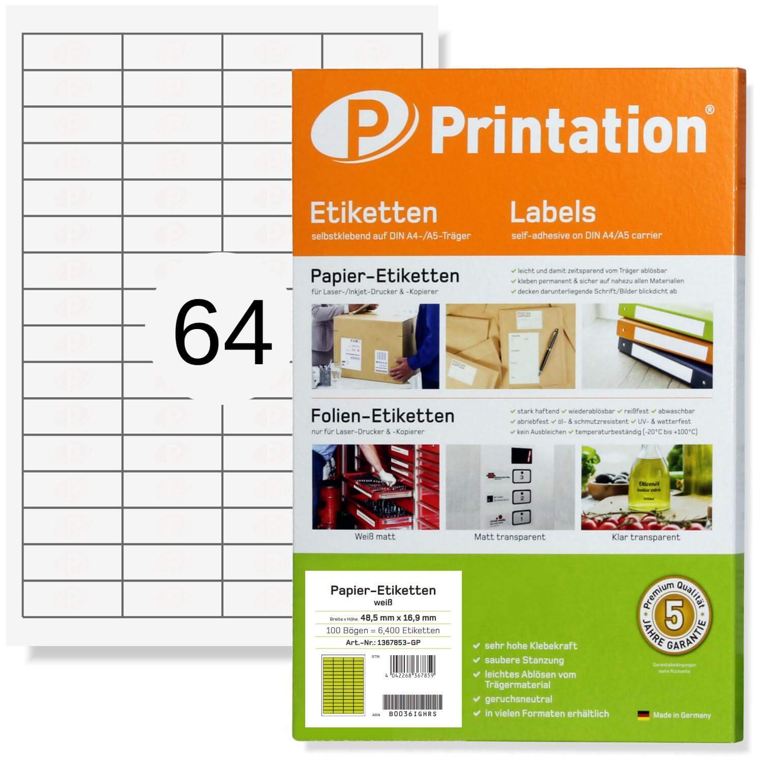 Printation Universal Self-Adhesive Labels, 100 A4 Sheets 4 X 16 48.5 X 16.9 mm (6400 Pieces) White