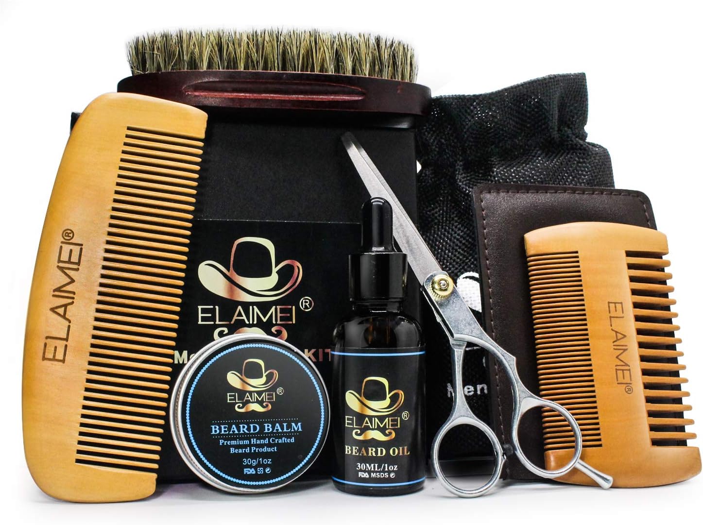 Beard Care Kit with Beard Brush, Beard Comb, Beard Scissors, Organic Beard Oil(30ml) and Mustache Balm(30g) for Men Styling Shaping and Growth.
