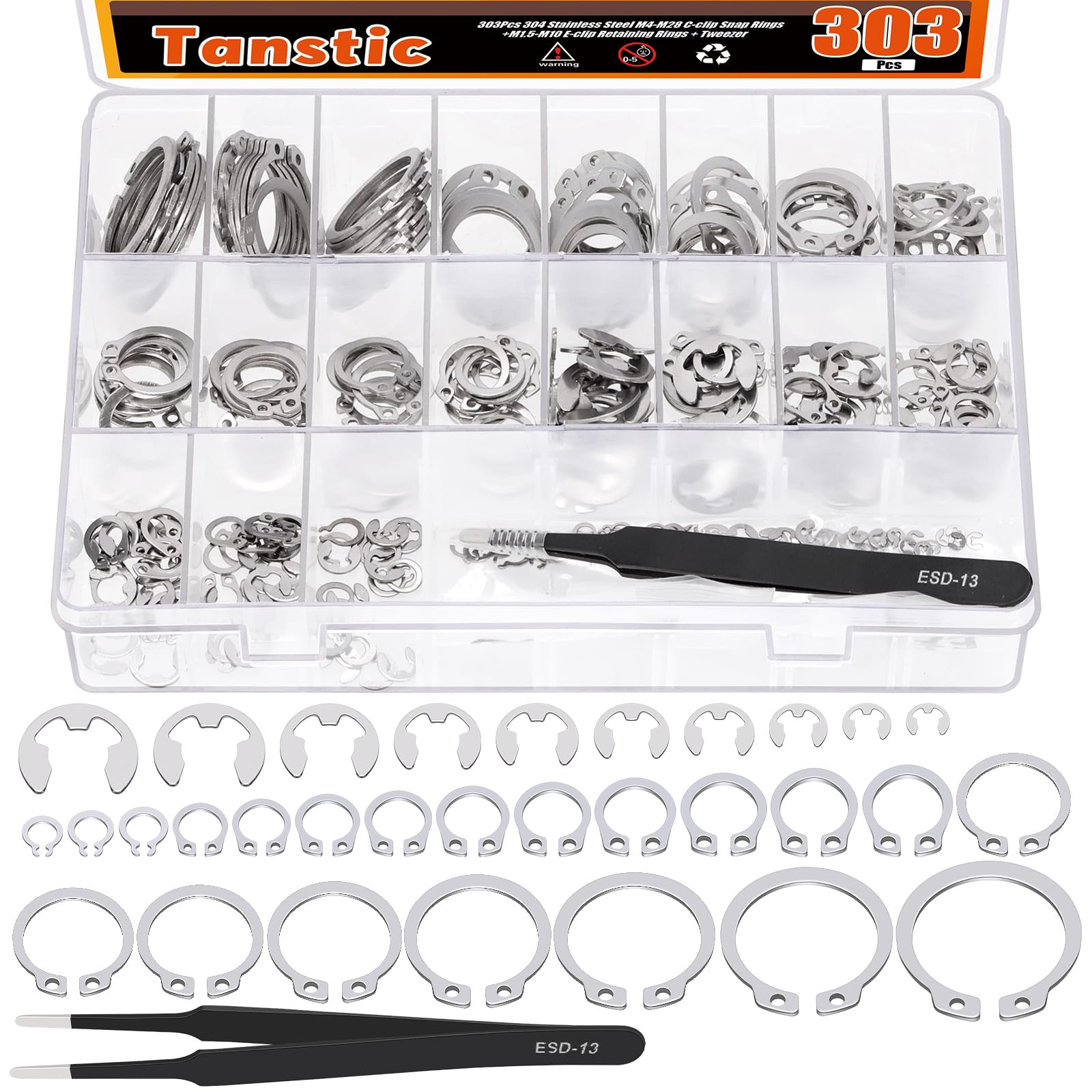 Tanstic 302Pcs C-Clip External Retaining Rings Snap Rings Assortment Kit(M4-M28) + E-Clip E Clip Assortment(1.5mm-10mm) with Tweezers