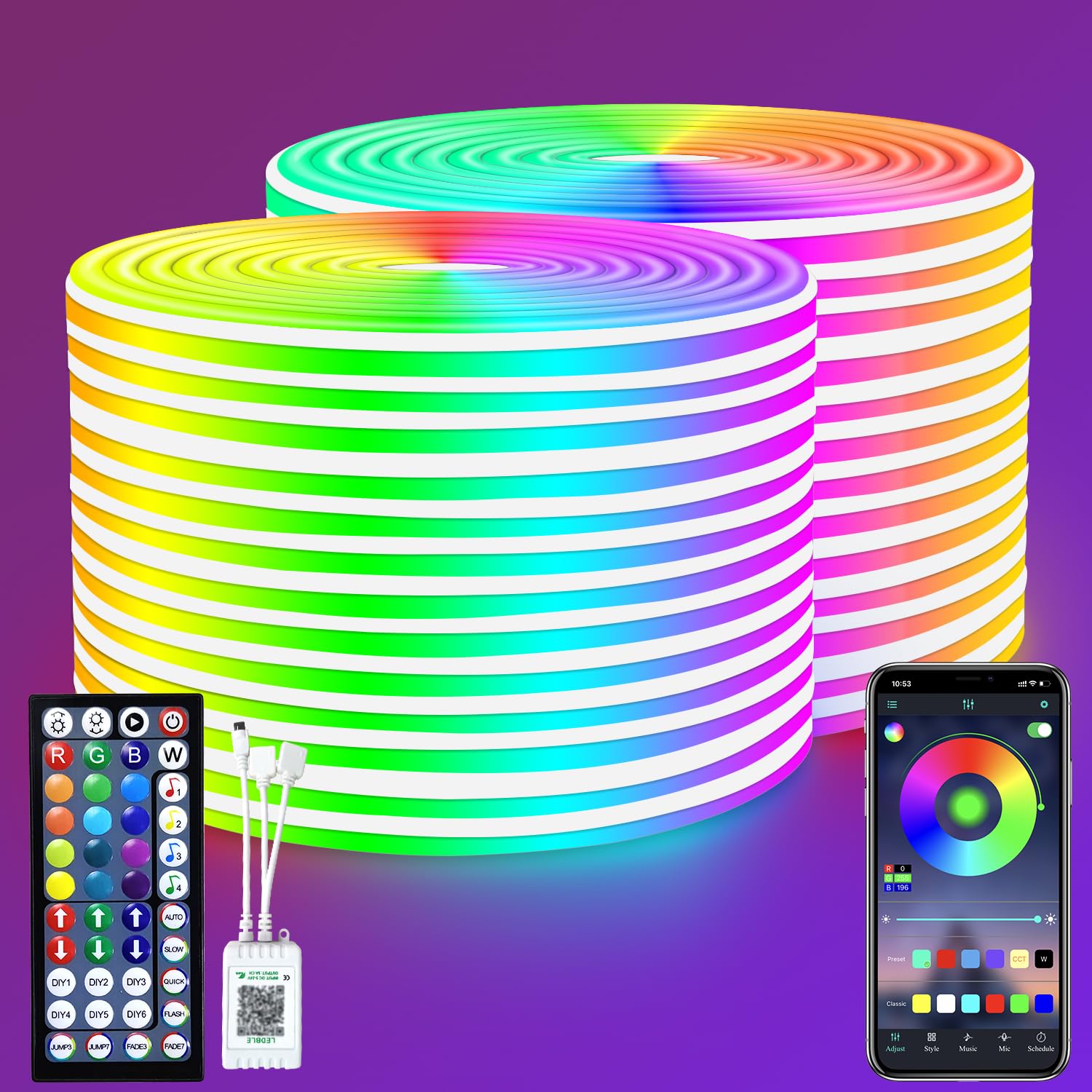 segrass 30M 24v RGB LED neon Rope Lights led neon Strip Lights with Remote/APP Control Flexible Neon LED Strip Lights for Bedroom Room Outdoors Decor — image 1