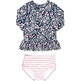 RuffleButts Baby/Toddler Girls Scalloped Long Sleeve Rash Guard 2-Piece UPF50+ Sun Protected Swimsuit